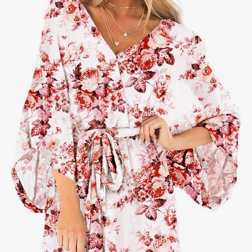 Bonkwa Women's Summer Rompers V Neck Floral Print Casual Romper High Waist Belt